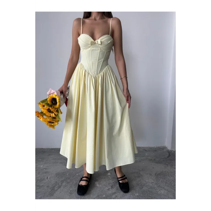 Kadın Poplin Kumaş Kurdeleli Askılı Midi Elbise