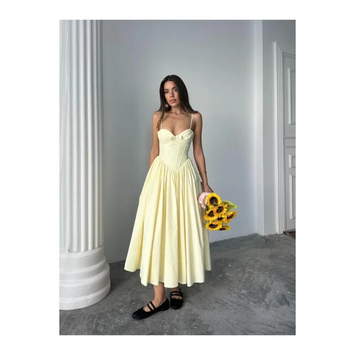 Kadın Poplin Kumaş Kurdeleli Askılı Midi Elbise