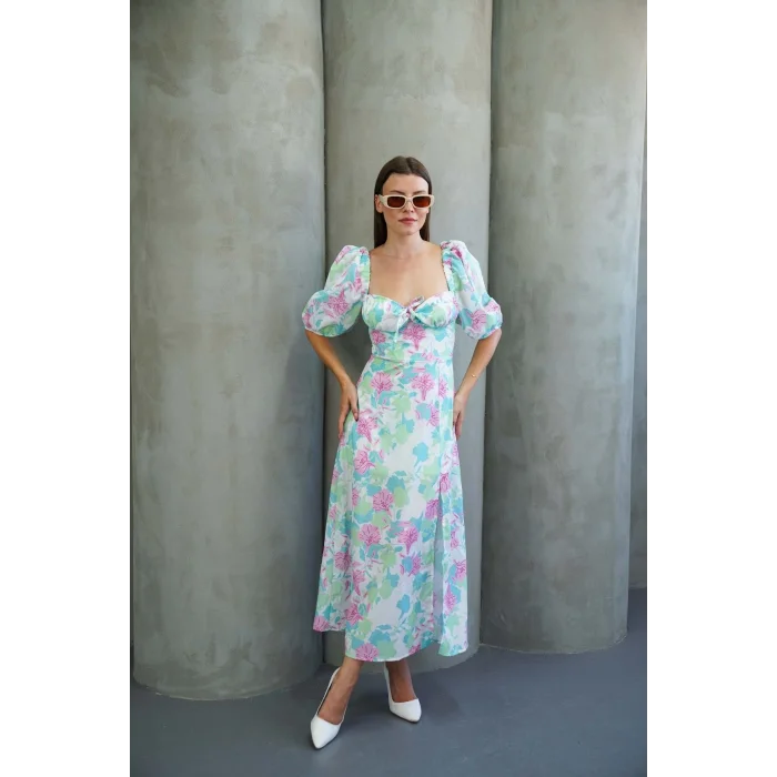 Kadın Çiçek Desnli Karpuz Kollu Yırtmaçlı Midi Elbise