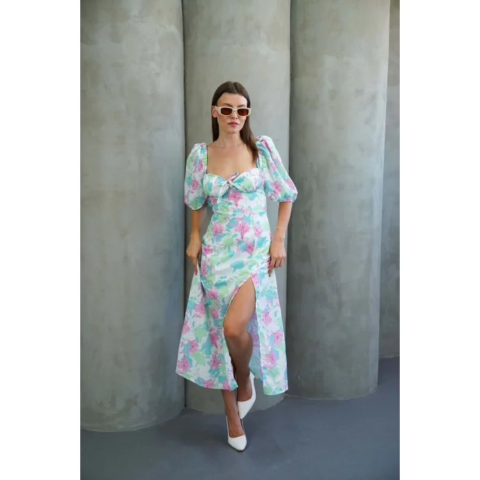 Kadın Çiçek Desnli Karpuz Kollu Yırtmaçlı Midi Elbise