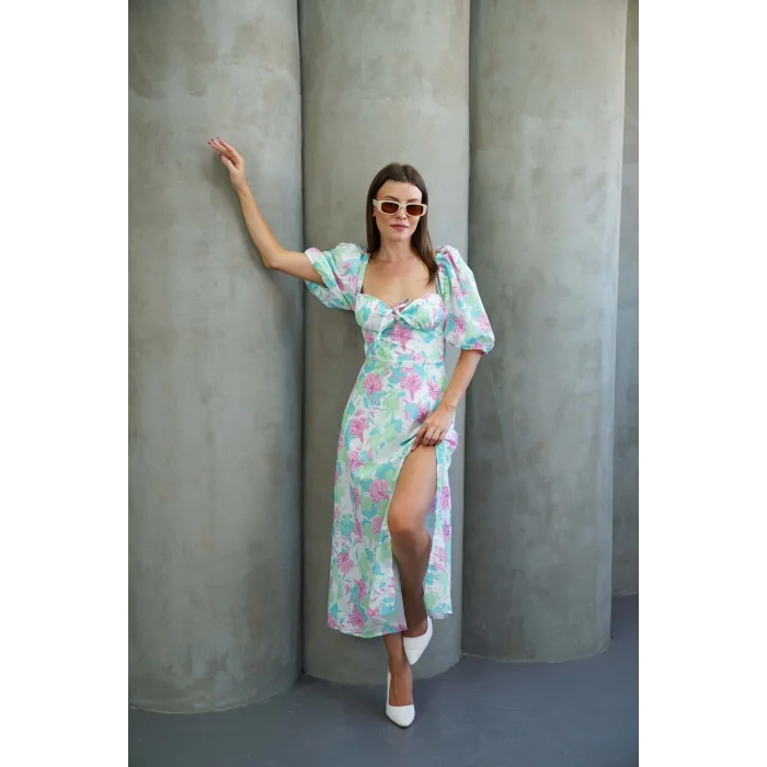 Kadın Çiçek Desnli Karpuz Kollu Yırtmaçlı Midi Elbise