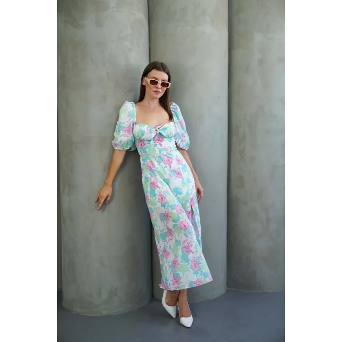 Kadın Çiçek Desnli Karpuz Kollu Yırtmaçlı Midi Elbise