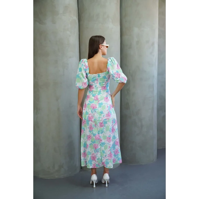 Kadın Çiçek Desnli Karpuz Kollu Yırtmaçlı Midi Elbise
