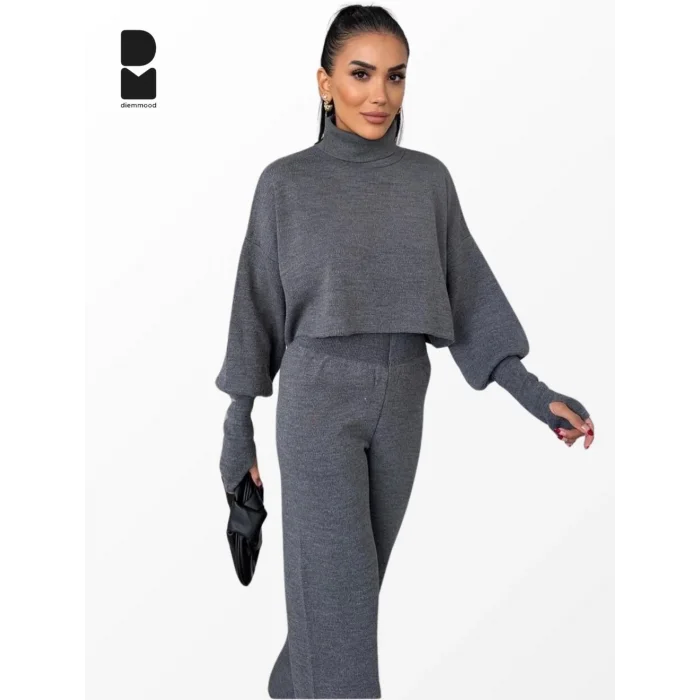 Kadın Kışlık Balıkçı Yaka Geniş Paça Antrasit Triko Takım