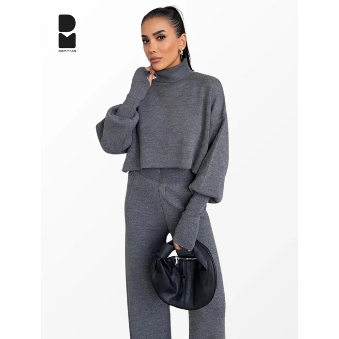 Kadın Kışlık Balıkçı Yaka Geniş Paça Antrasit Triko Takım