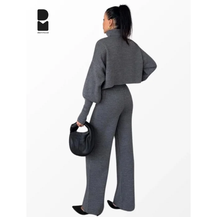 Kadın Kışlık Balıkçı Yaka Geniş Paça Antrasit Triko Takım