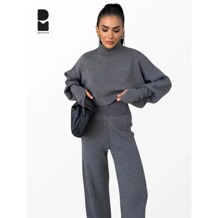 Kadın Kışlık Balıkçı Yaka Geniş Paça Antrasit Triko Takım