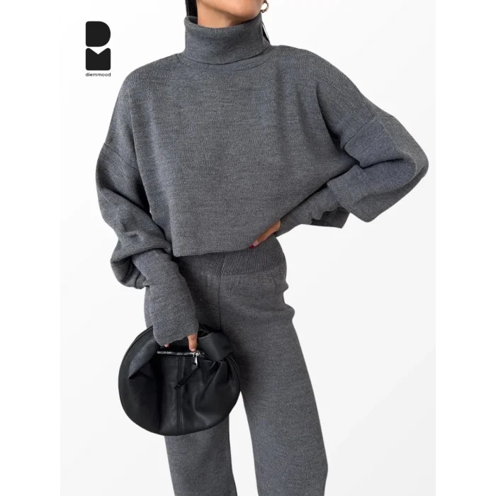 Kadın Kışlık Balıkçı Yaka Geniş Paça Antrasit Triko Takım