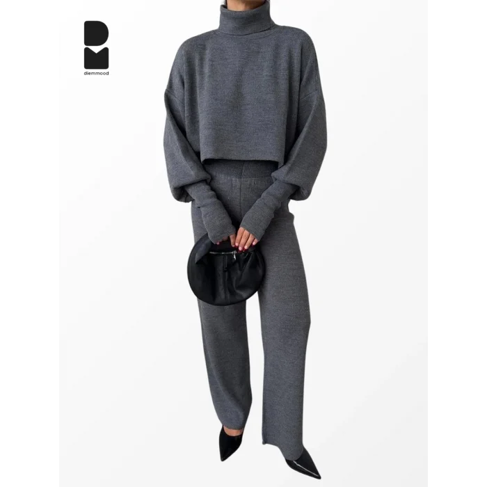Kadın Kışlık Balıkçı Yaka Geniş Paça Antrasit Triko Takım