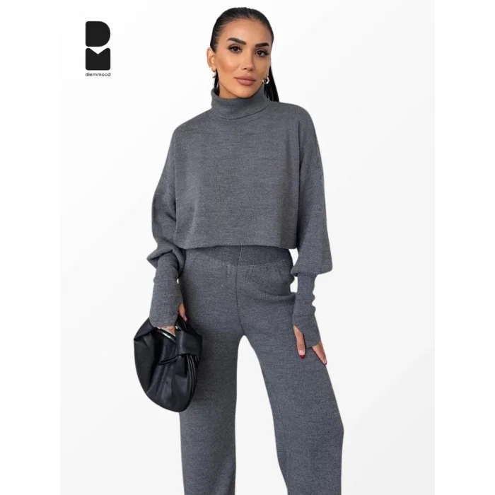 Kadın Kışlık Balıkçı Yaka Geniş Paça Antrasit Triko Takım