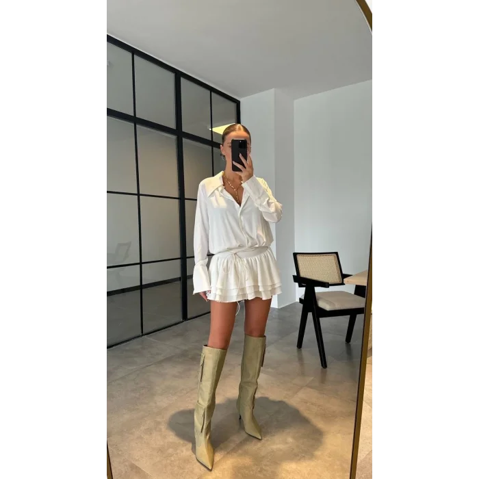 Kadın Beyaz Gömlek Yaka Volanlı Pileli Mini Elbise