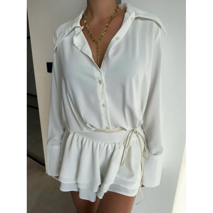 Kadın Beyaz Gömlek Yaka Volanlı Pileli Mini Elbise