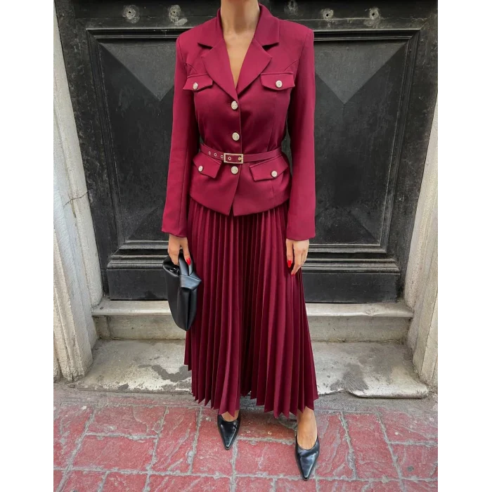 Kadın Bordo Kemerli Blazer Ceket ve Pilliseli Takım