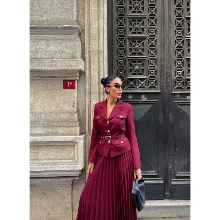 Kadın Bordo Kemerli Blazer Ceket ve Pilliseli Takım