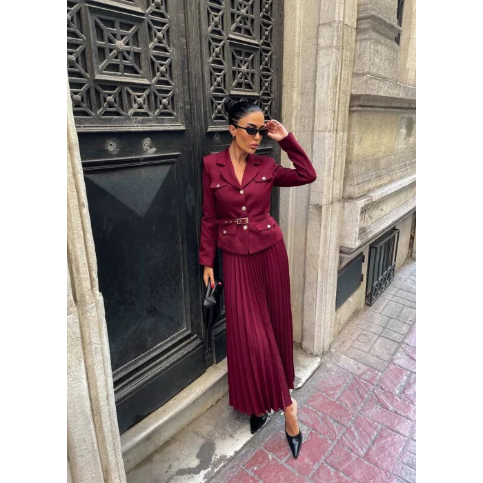 Kadın Bordo Kemerli Blazer Ceket ve Pilliseli Takım