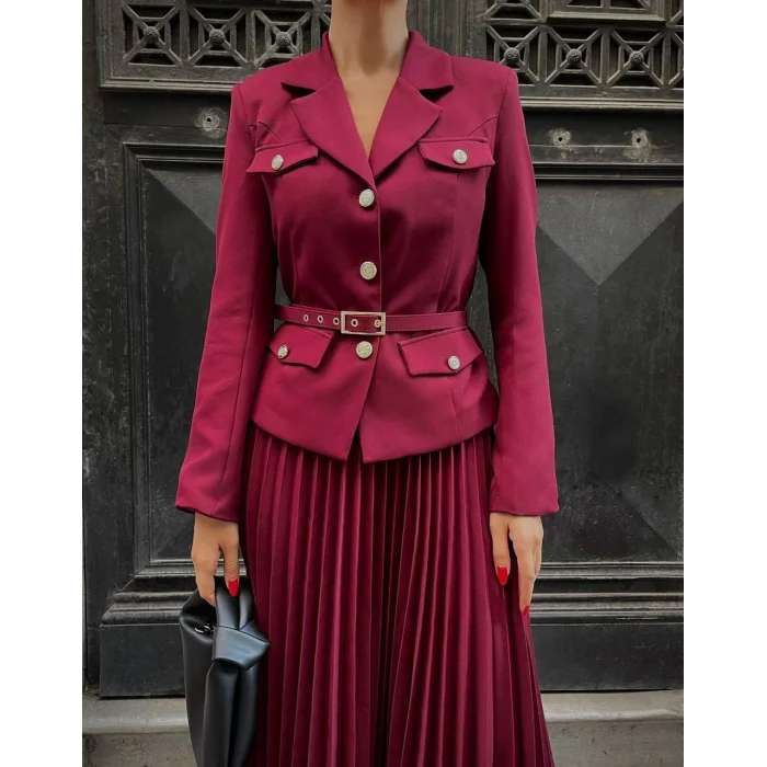 Kadın Bordo Kemerli Blazer Ceket ve Pilliseli Takım