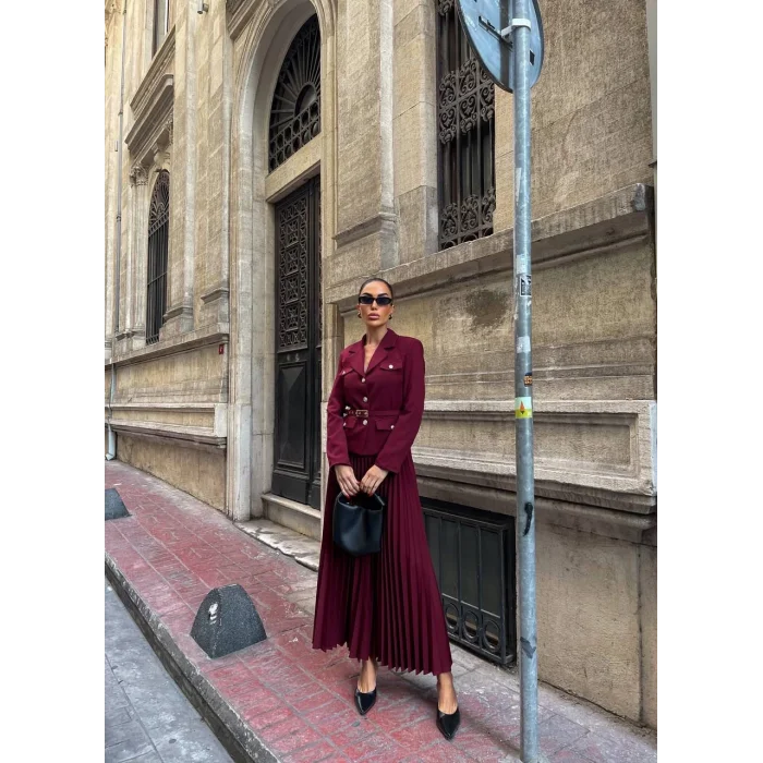 Kadın Bordo Kemerli Blazer Ceket ve Pilliseli Takım