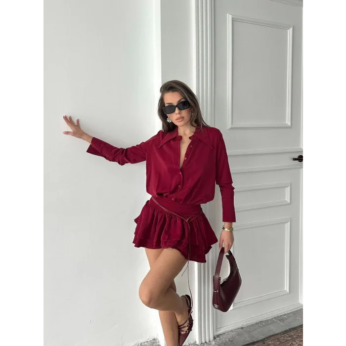 Kadın Bordo Gömlek Yaka Volanlı Pileli Mini Elbise