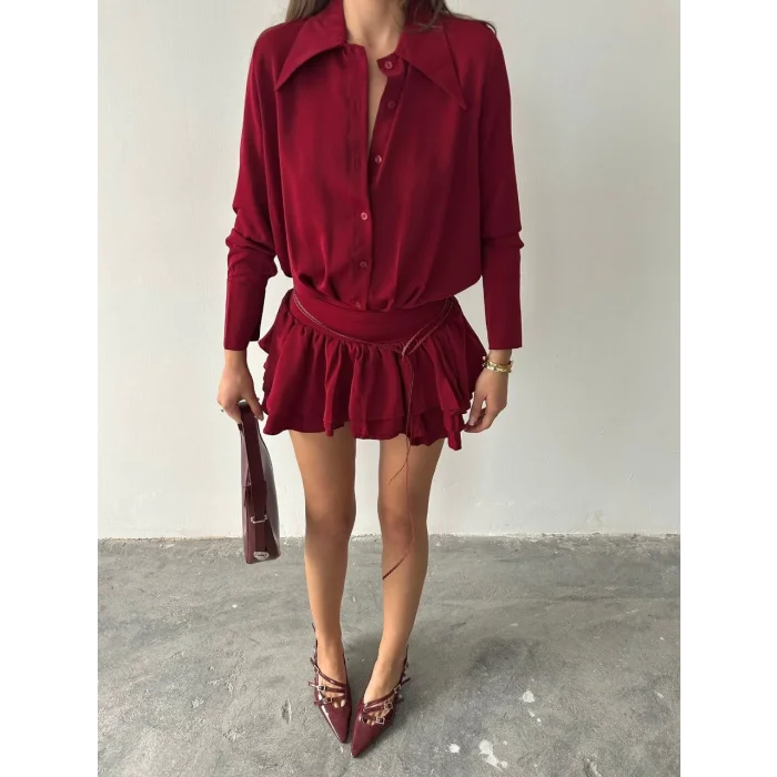 Kadın Bordo Gömlek Yaka Volanlı Pileli Mini Elbise