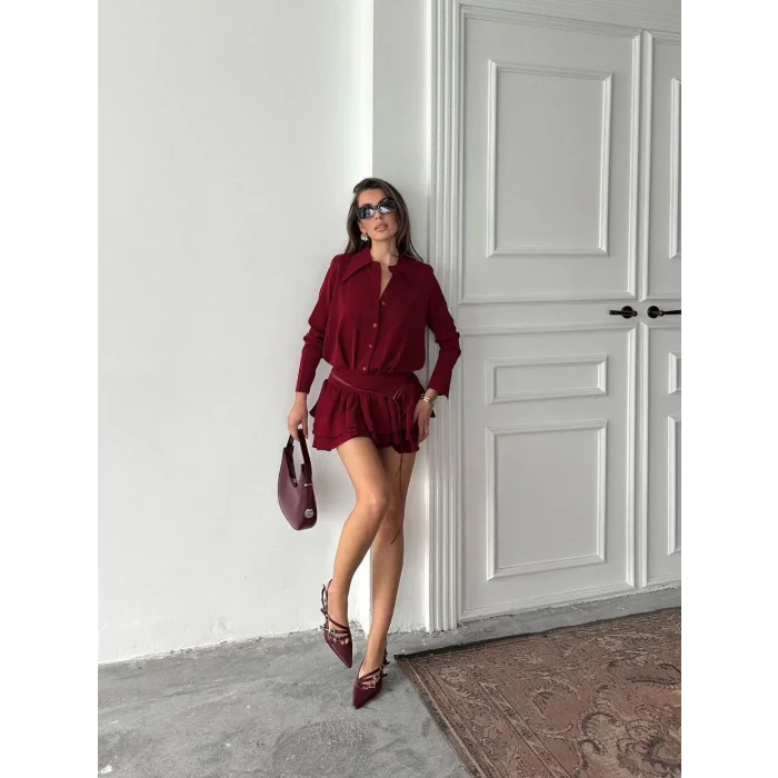 Kadın Bordo Gömlek Yaka Volanlı Pileli Mini Elbise