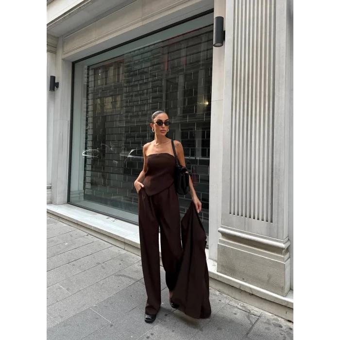 Kadın Ceket Straplez Bluz ve Palazzo Pantolon 3lü Takım