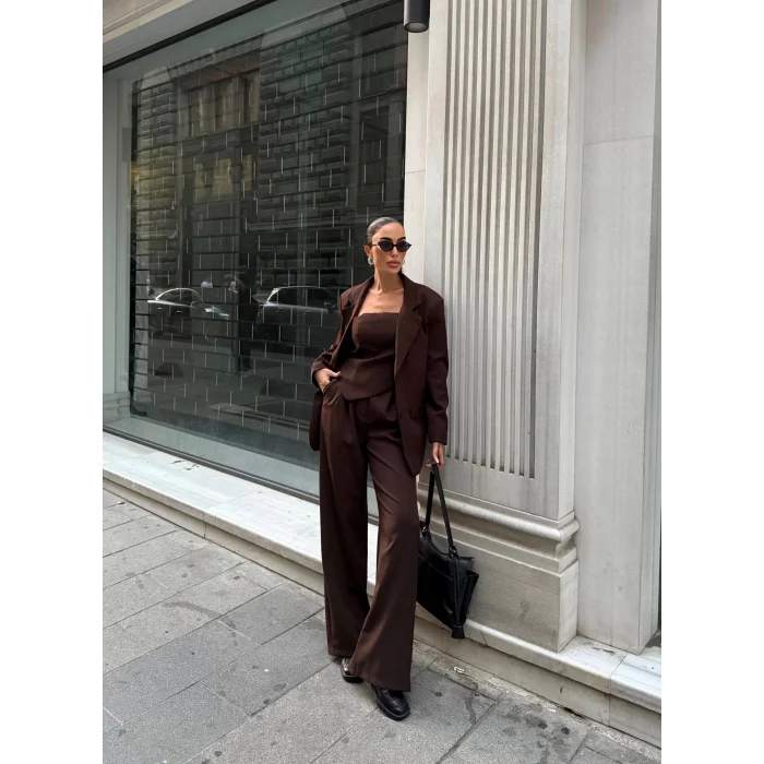 Kadın Ceket Straplez Bluz ve Palazzo Pantolon 3lü Takım