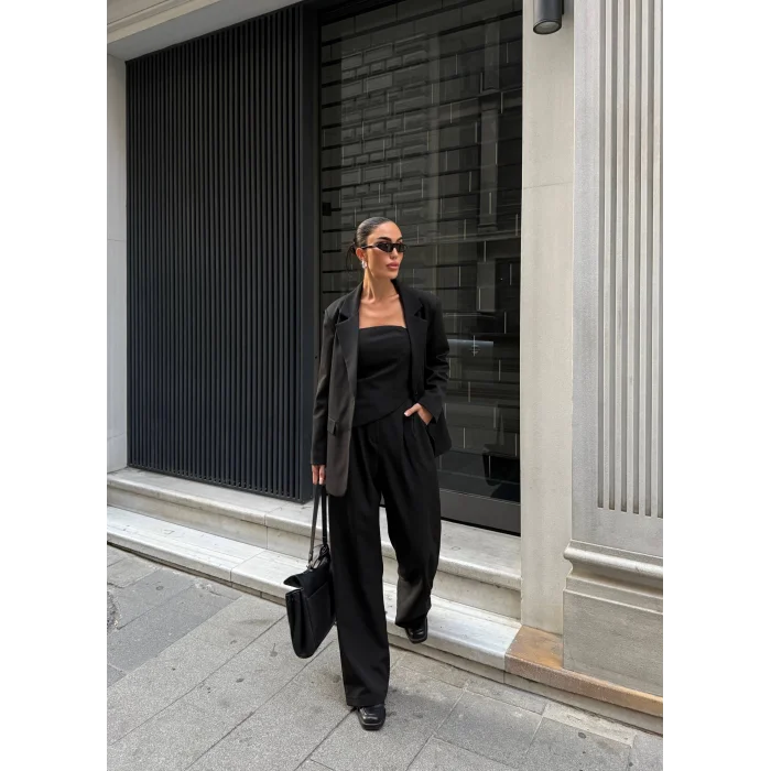 Kadın Ceket Straplez Bluz ve Palazzo Pantolon 3lü Takım