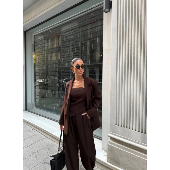 Kadın Ceket Straplez Bluz ve Palazzo Pantolon 3lü Takım