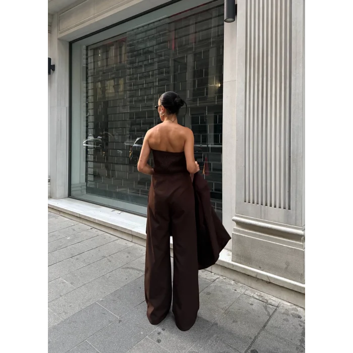 Kadın Ceket Straplez Bluz ve Palazzo Pantolon 3lü Takım