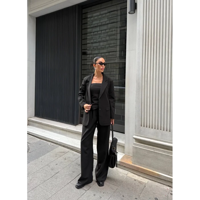 Kadın Ceket Straplez Bluz ve Palazzo Pantolon 3lü Takım