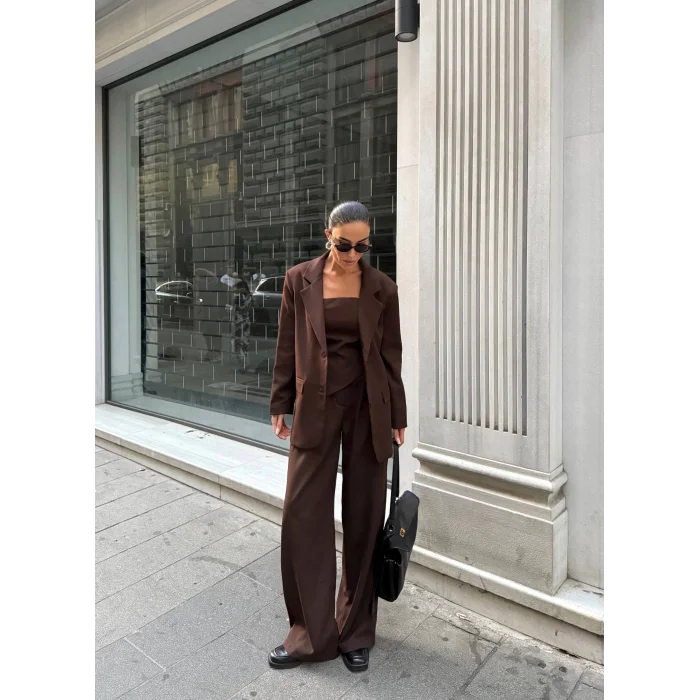 Kadın Ceket Straplez Bluz ve Palazzo Pantolon 3lü Takım