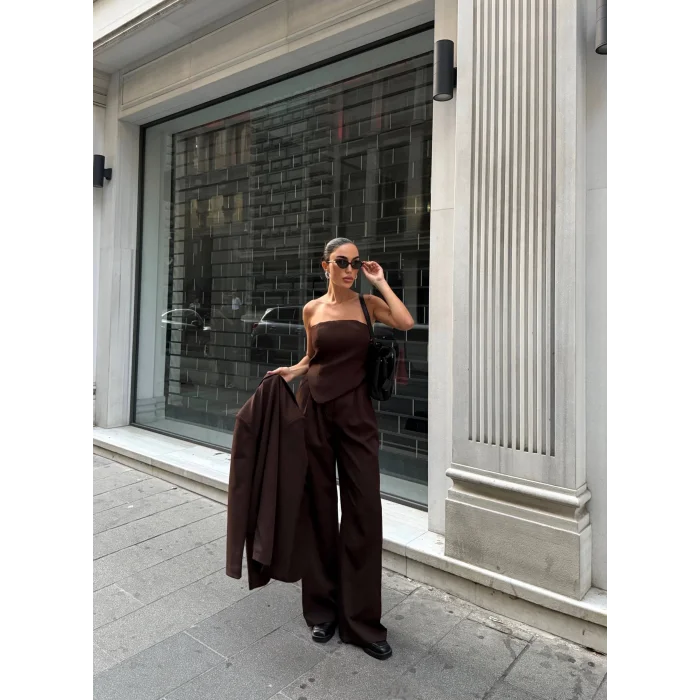 Kadın Ceket Straplez Bluz ve Palazzo Pantolon 3lü Takım