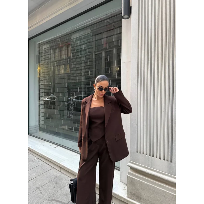 Kadın Ceket Straplez Bluz ve Palazzo Pantolon 3lü Takım