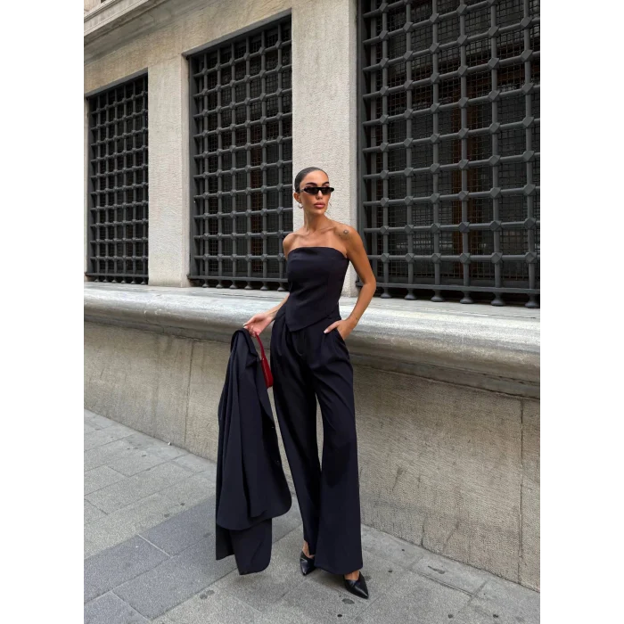 Kadın Ceket Straplez Bluz ve Palazzo Pantolon 3lü Takım