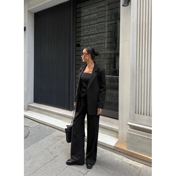 Kadın Ceket Straplez Bluz ve Palazzo Pantolon 3lü Takım