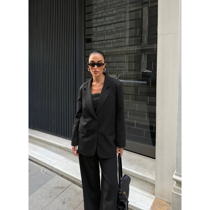 Kadın Ceket Straplez Bluz ve Palazzo Pantolon 3lü Takım