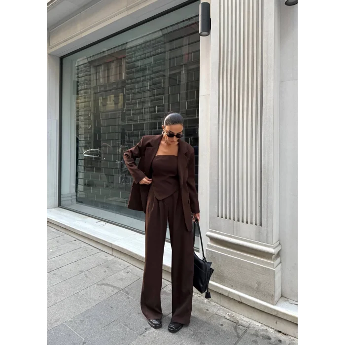 Kadın Ceket Straplez Bluz ve Palazzo Pantolon 3lü Takım