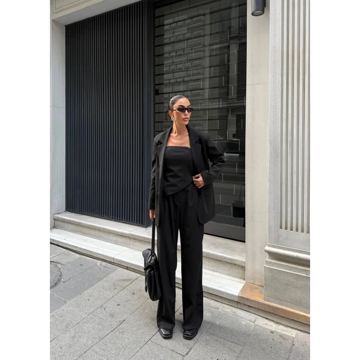 Kadın Ceket Straplez Bluz ve Palazzo Pantolon 3lü Takım