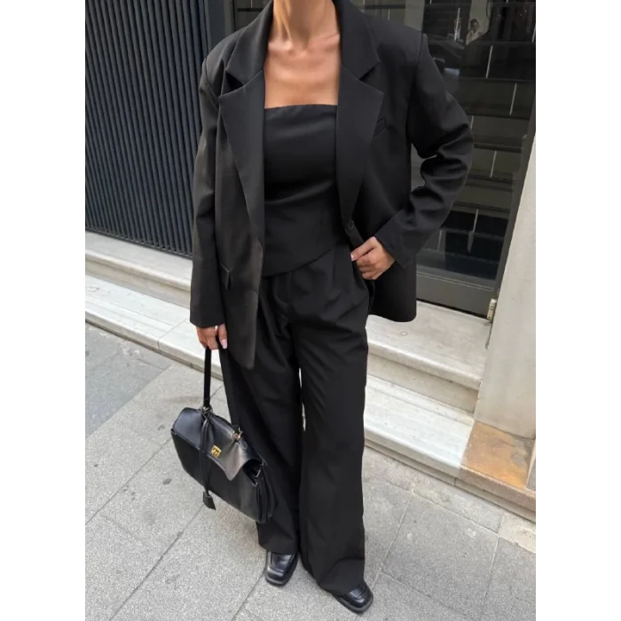 Kadın Ceket Straplez Bluz ve Palazzo Pantolon 3lü Takım