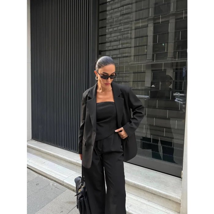 Kadın Ceket Straplez Bluz ve Palazzo Pantolon 3lü Takım