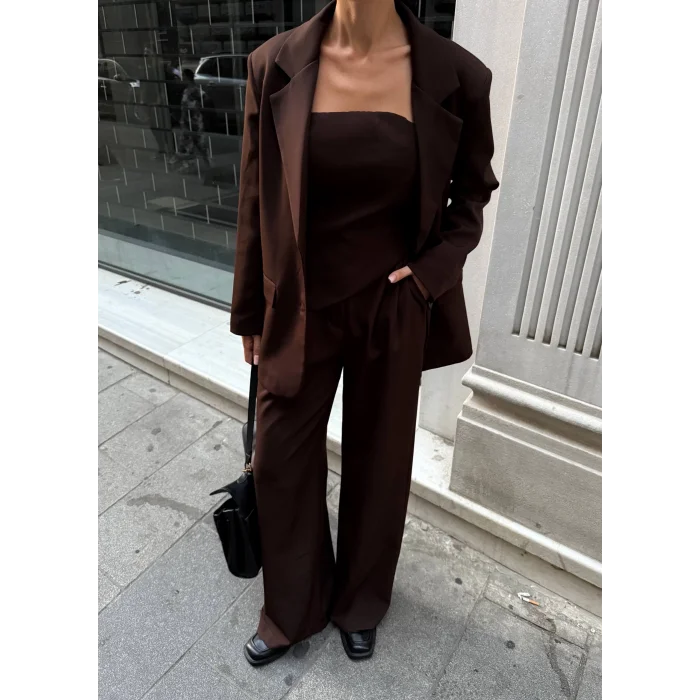 Kadın Ceket Straplez Bluz ve Palazzo Pantolon 3lü Takım