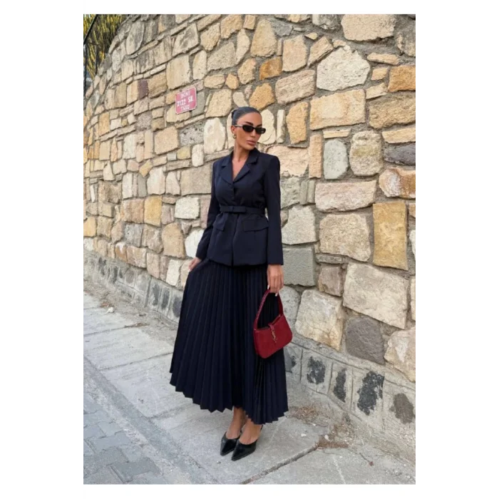 Kadın Belden Kemerli Şık Takım-Blazer&Piliseli Etek