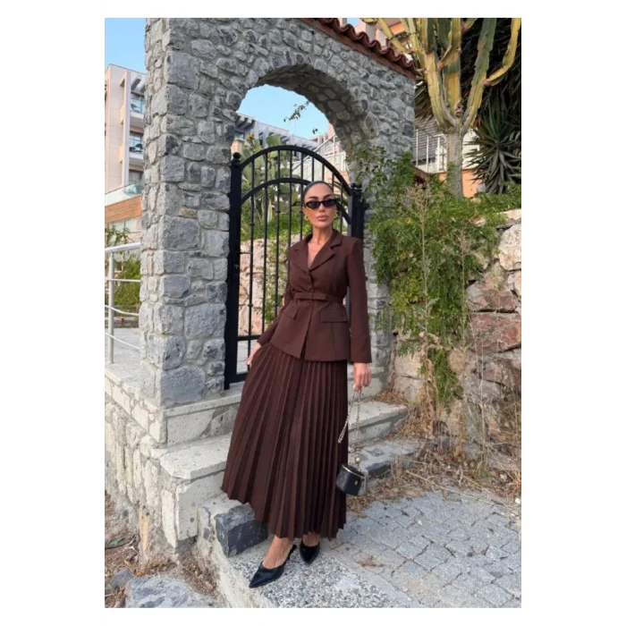 Kadın Belden Kemerli Şık Takım-Blazer&Piliseli Etek