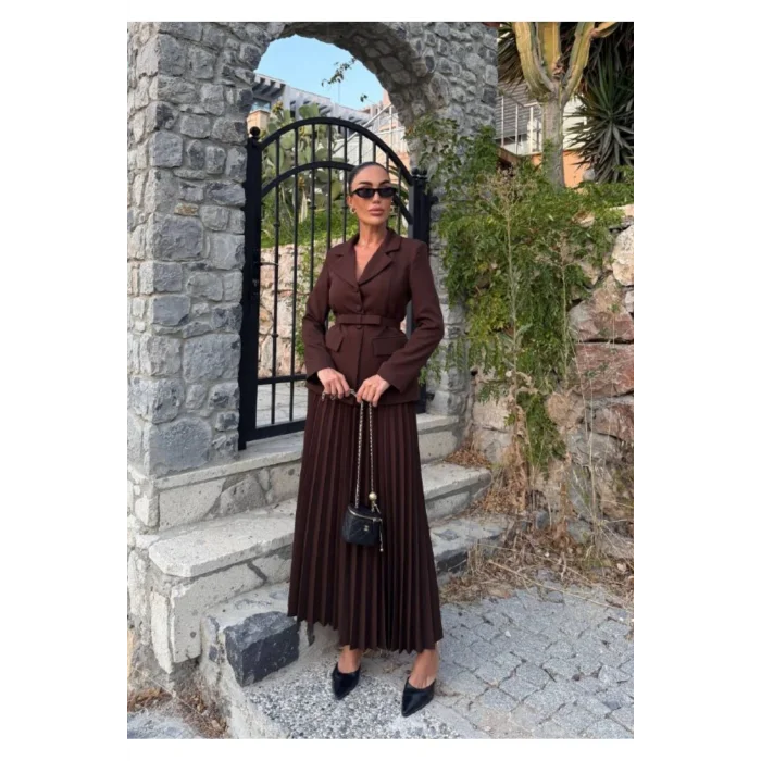 Kadın Belden Kemerli Şık Takım-Blazer&Piliseli Etek