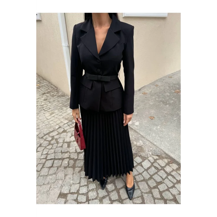 Kadın Belden Kemerli Şık Takım-Blazer&Piliseli Etek