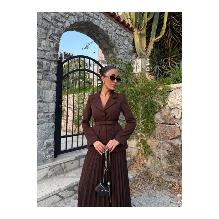 Kadın Belden Kemerli Şık Takım-Blazer&Piliseli Etek
