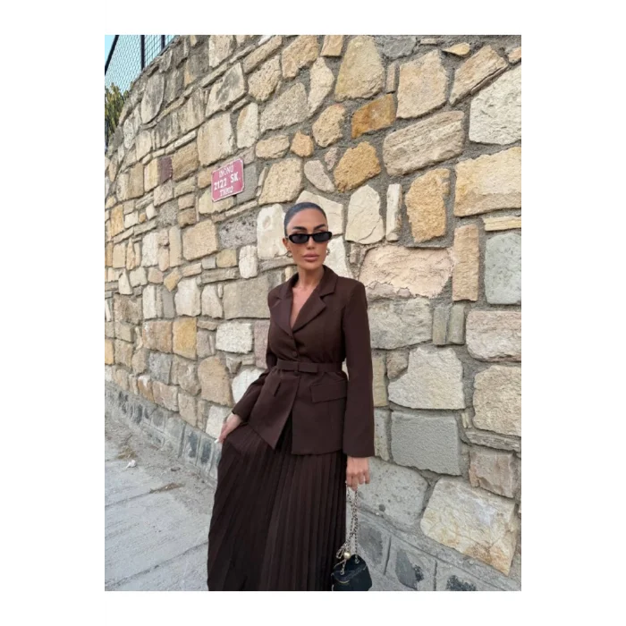 Kadın Belden Kemerli Şık Takım-Blazer&Piliseli Etek