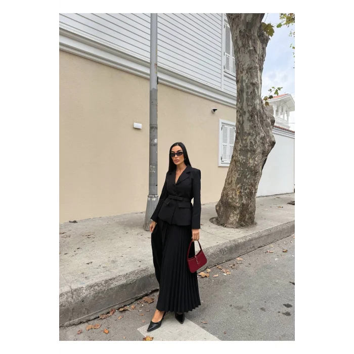Kadın Belden Kemerli Şık Takım-Blazer&Piliseli Etek