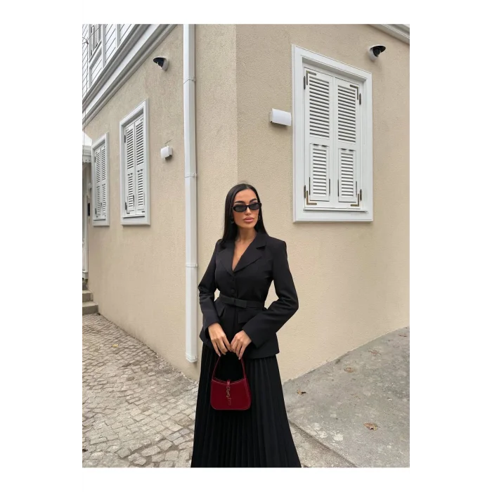 Kadın Belden Kemerli Şık Takım-Blazer&Piliseli Etek
