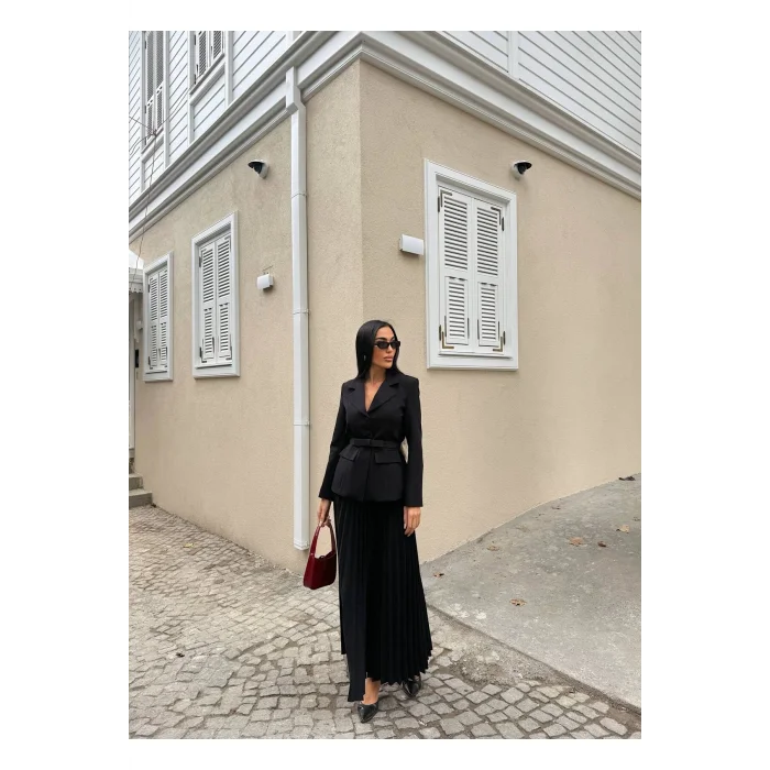 Kadın Belden Kemerli Şık Takım-Blazer&Piliseli Etek